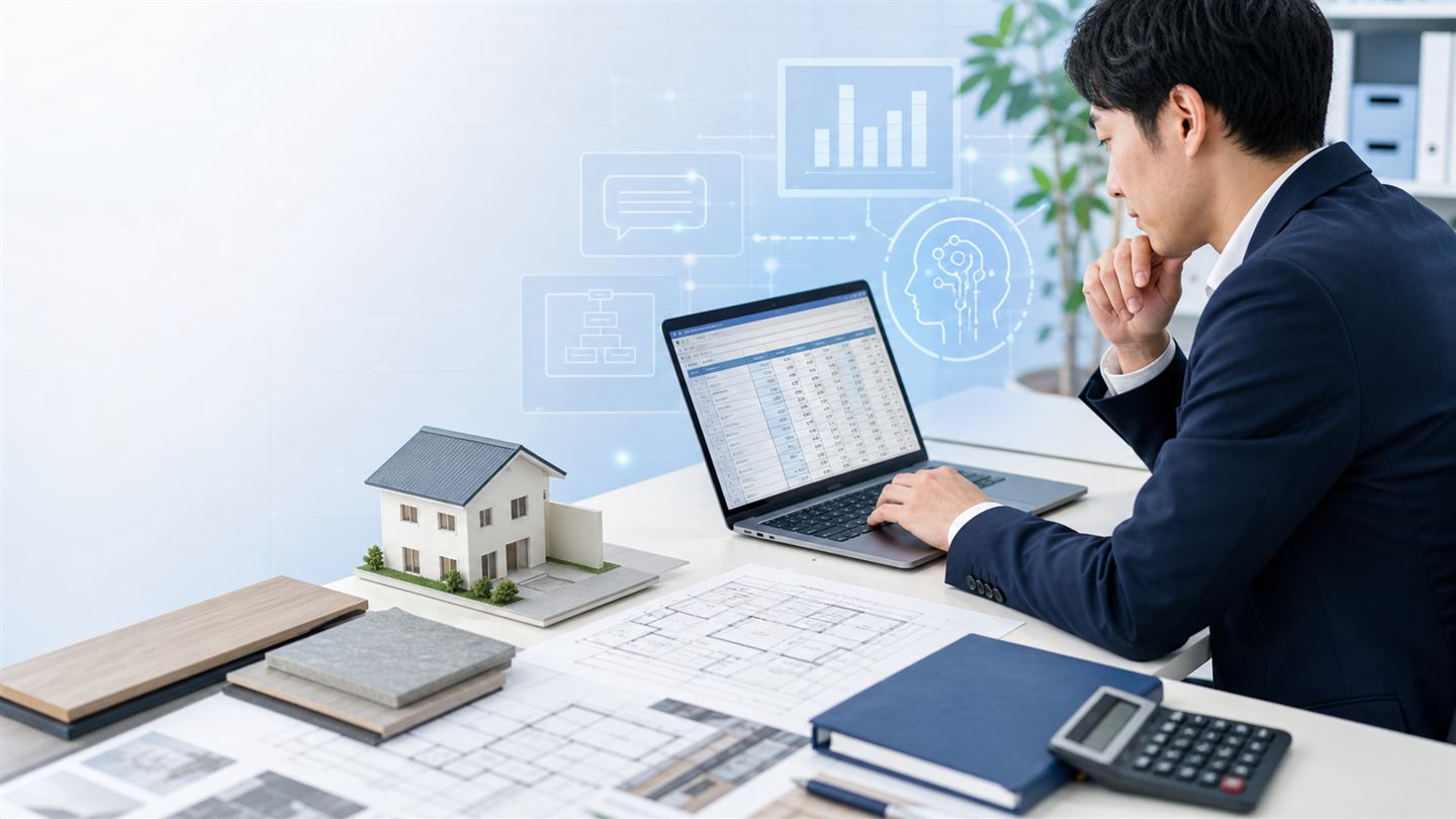 建築会社でパソコンと書類を使って業務を進める様子