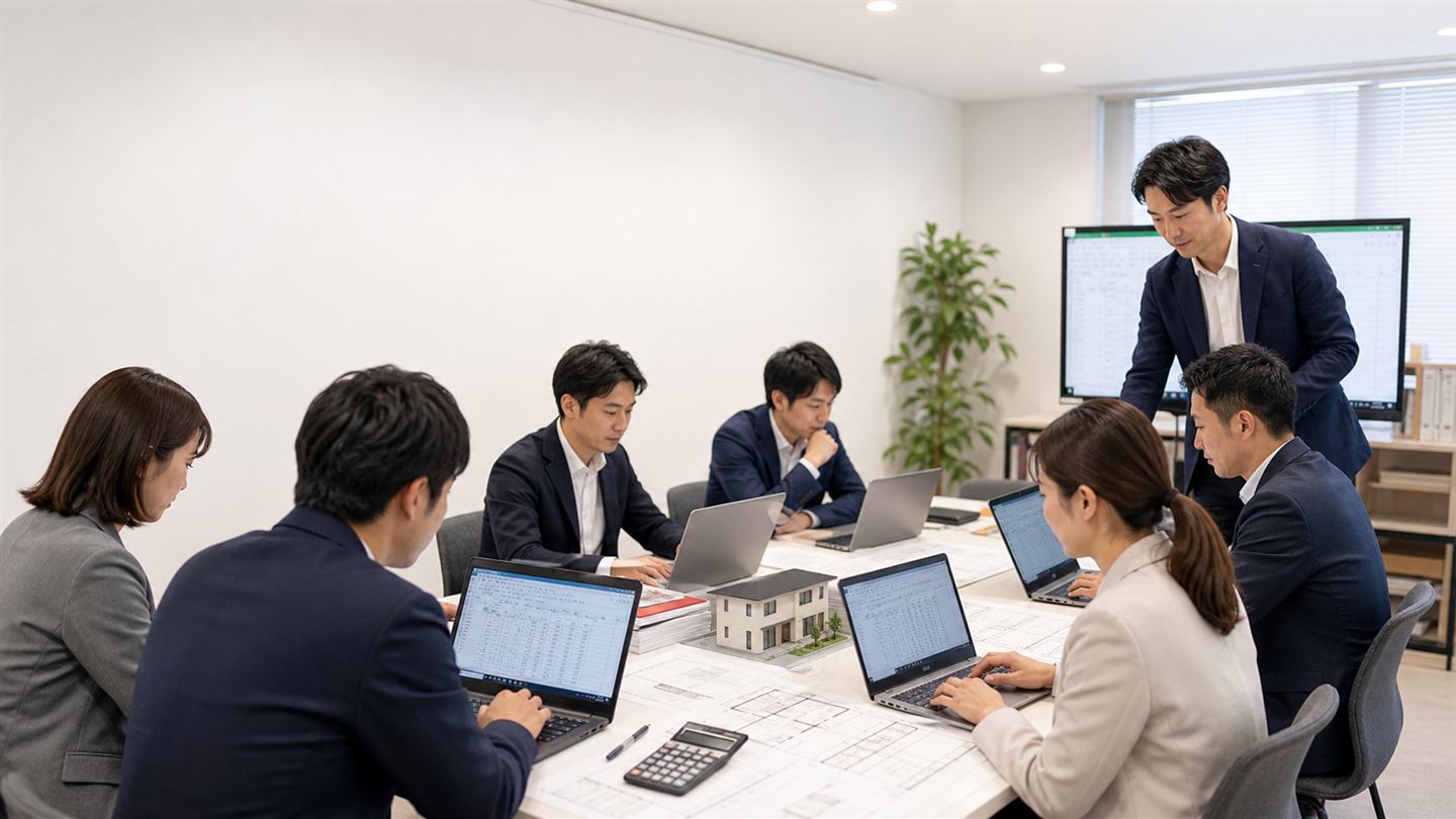 建築会社の経営者や幹部が少人数で実務を学ぶ様子